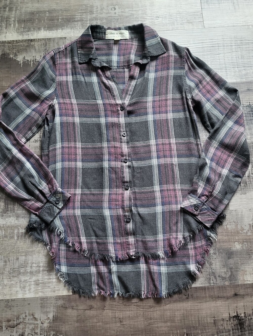 Cloth & Stone XS Plaid Button Down Shirt Frayed Hem High Low Top Purple Gray